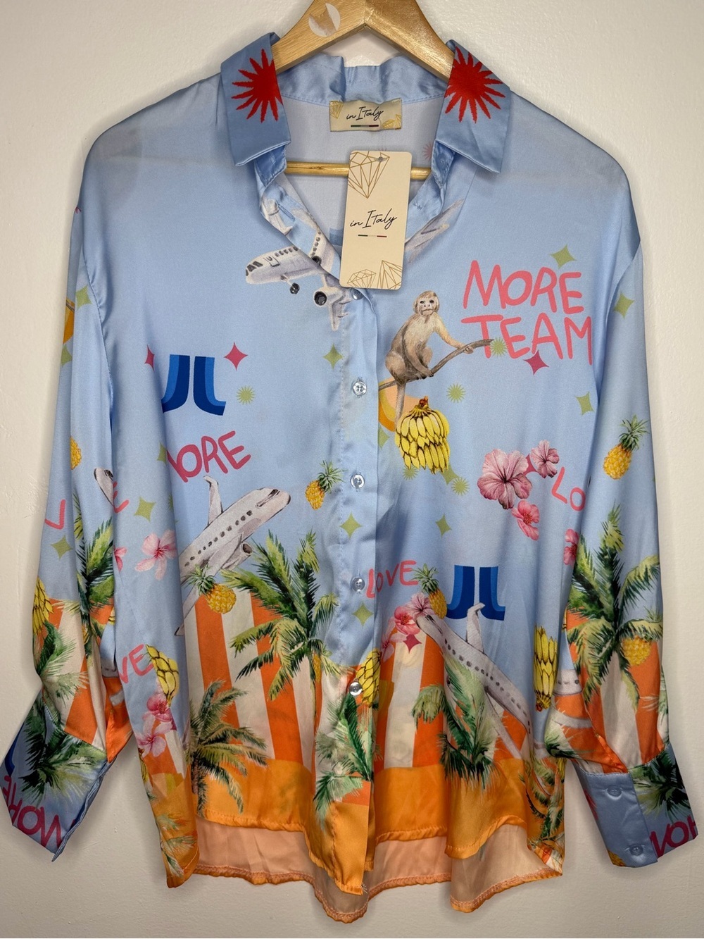 NWT MADE IN ITALY Light Blue Tropical Print Button-Up Shirt